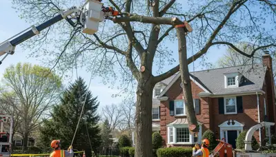 Crew performing safe residential tree removal with bucket truck in Highland Park, IL