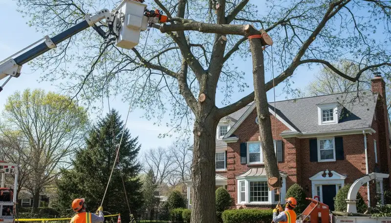 Crew performing safe residential tree removal with bucket truck in Highland Park, IL