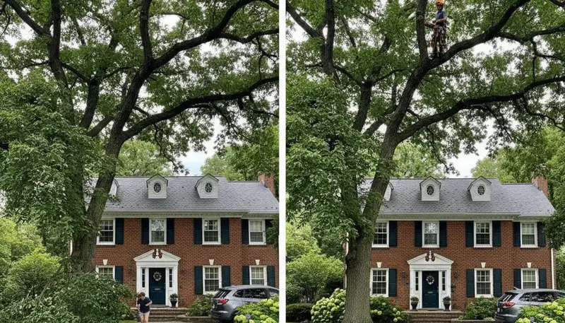 Arborist lifting tree canopy for driveway clearance in Highland Park, IL tree trimming service