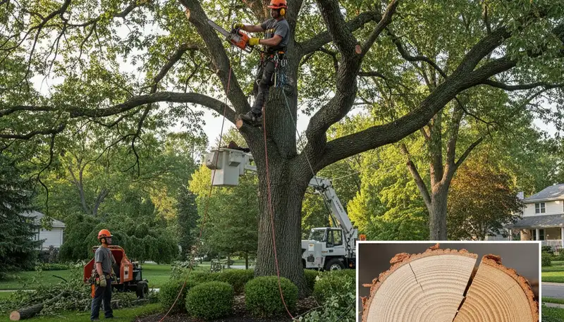 Arborist performing deadwood removal on residential tree in Highland Park, IL to prevent storm hazards