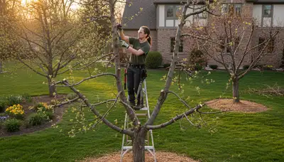 Arborist pruning fruit tree for better yield in Highland Park IL backyard orchard tree service