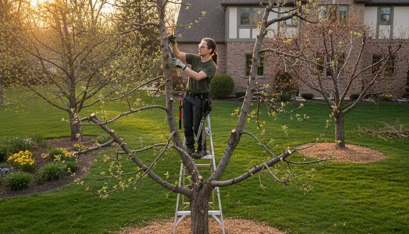 Arborist pruning fruit tree for better yield in Highland Park IL backyard orchard tree service