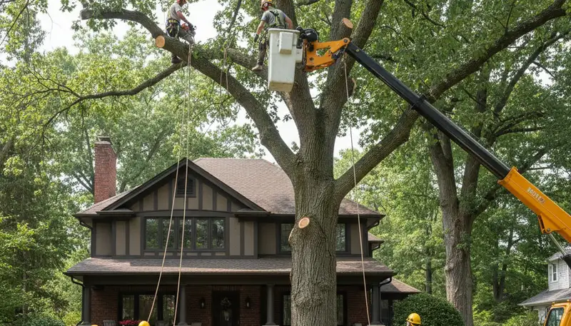 Arborists using bucket truck for large tree removal at a residential property in Highwood, IL