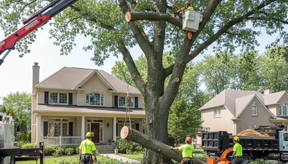 Arborists using bucket truck for large tree removal at a residential property in Highland Park, IL