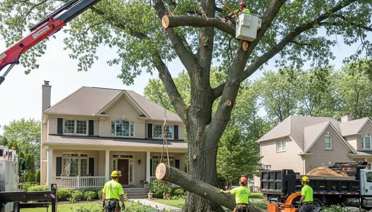 Arborists using bucket truck for large tree removal at a residential property in Highland Park, IL