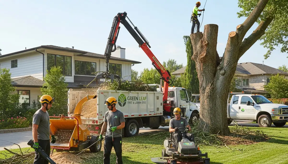 Professional lawn care team trimming grass under mature trees in Highland Park, IL