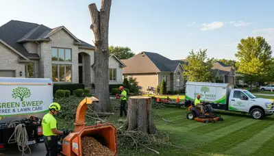 Professional lawn and tree service crew working in Highland Park, IL yard