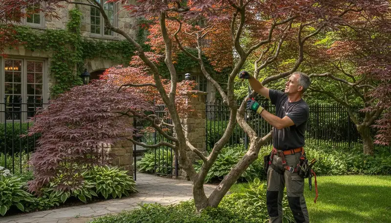 Arborist hand pruning ornamental Japanese maple for curb appeal in Highland Park, IL landscape