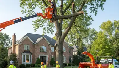 Arborists performing safe stump removal with equipment in Highland Park, IL tree service project