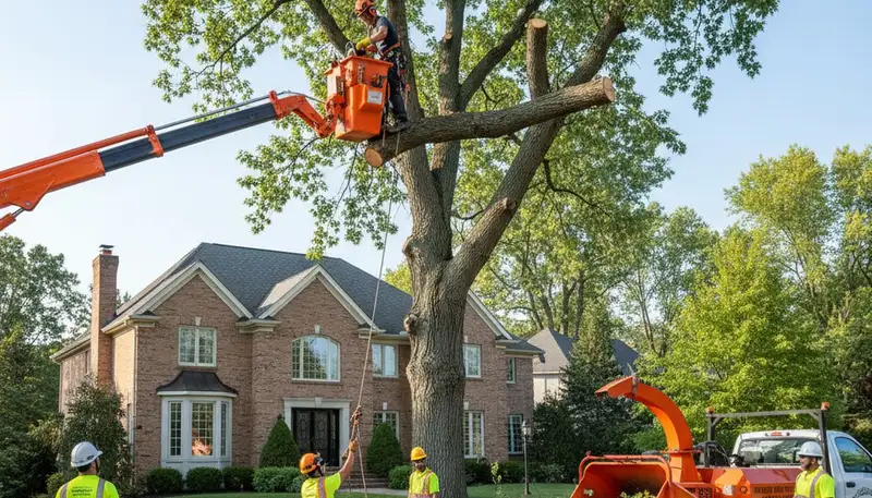 Arborists performing safe stump removal with equipment in Highland Park, IL tree service project