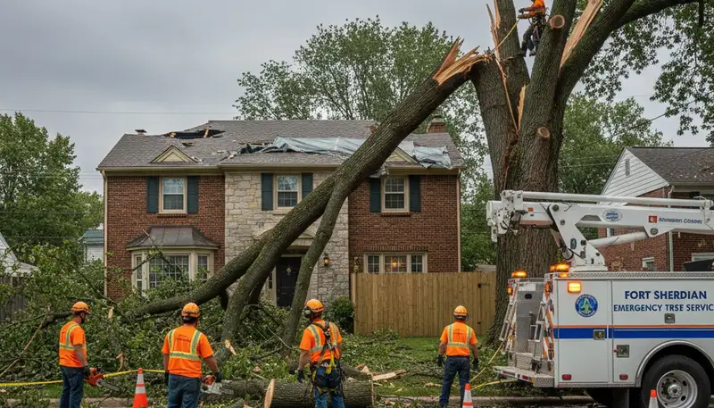 Emergency tree removal after storm damage in Fort Sheridan, Highland Park IL restoring property safety
