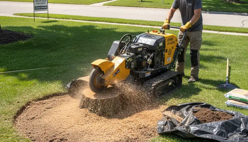 Professional stump grinding service removing tree stumps in Deerfield, IL near Highland Park
