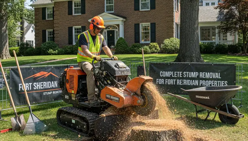Stump grinding service removing tree stumps in Fort Sheridan, Highland Park IL for lawn restoration