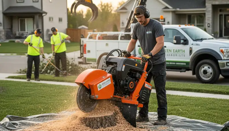 Arborist performing stump grinding for oak tree removal in Highland Park, IL yard