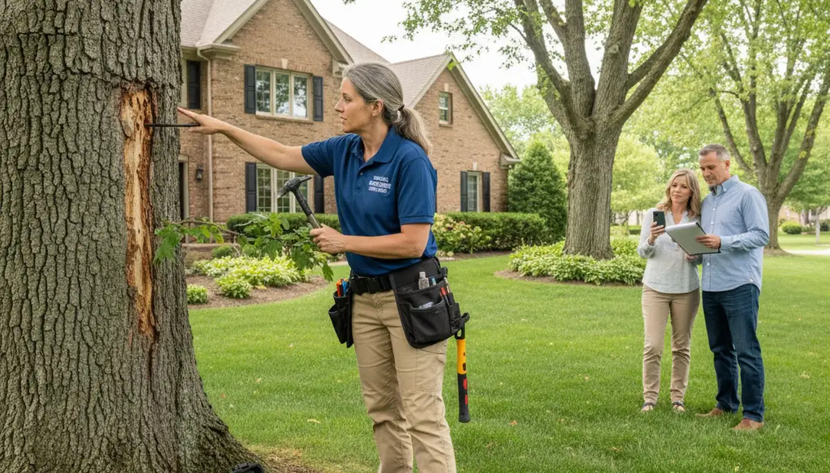 Certified arborist performing tree health assessment for homeowners in Highland Park, IL