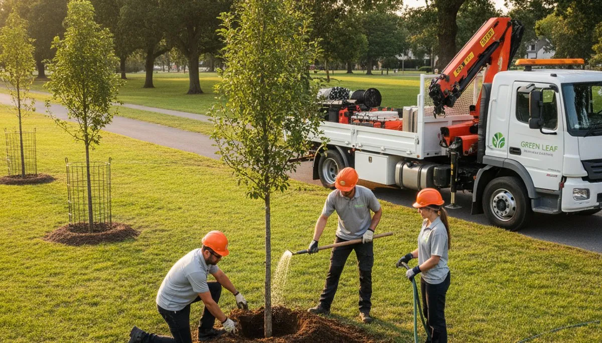 Arborists planting young trees in Highland Park IL yard for Chop Chop Tree professional tree service