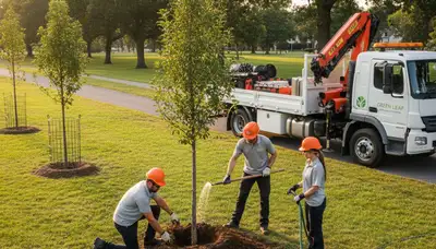 Arborists planting young trees in Highland Park IL yard for Chop Chop Tree professional tree service
