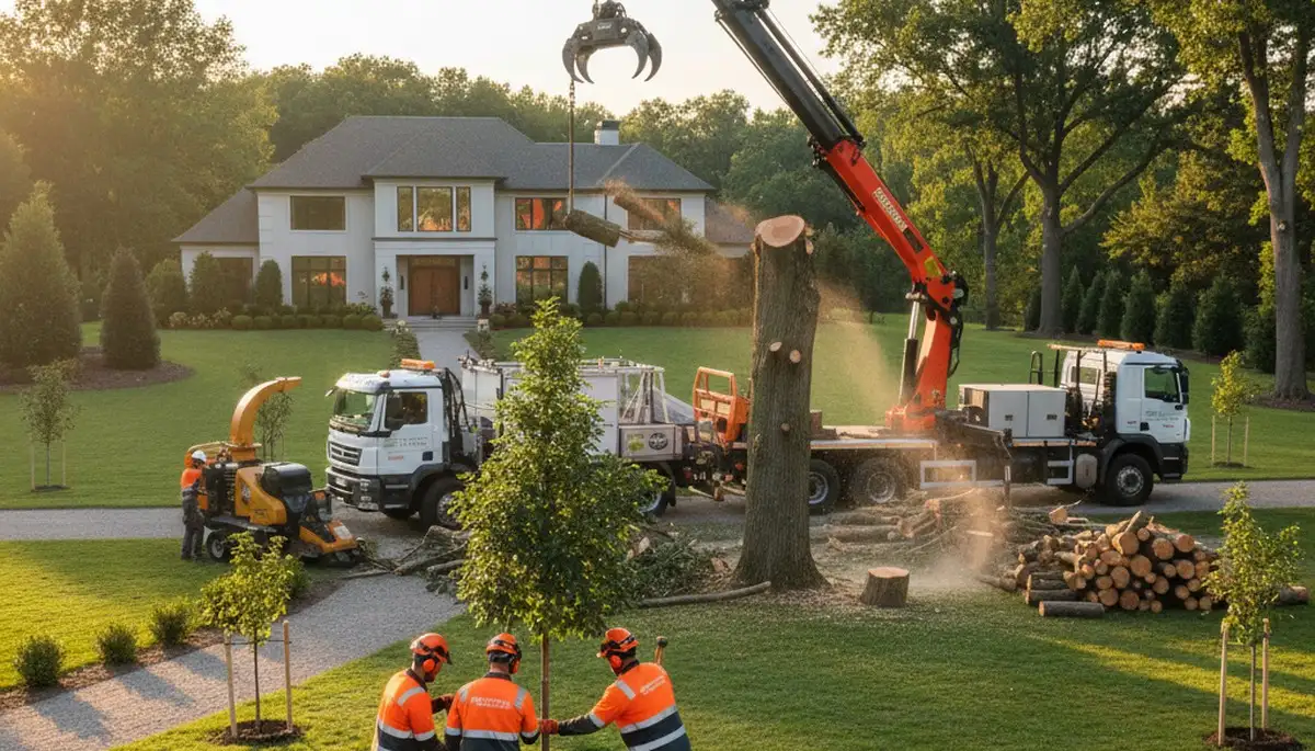 Arborist planting new tree in Highland Park, IL for residential landscape enhancement