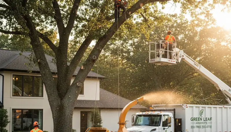 Arborist pruning mature oak tree in Highland Park, IL for Chop Chop Tree professional tree service