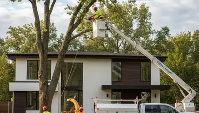 Professional tree removal service team in Highland Park, IL safely cutting and clearing large oak tree