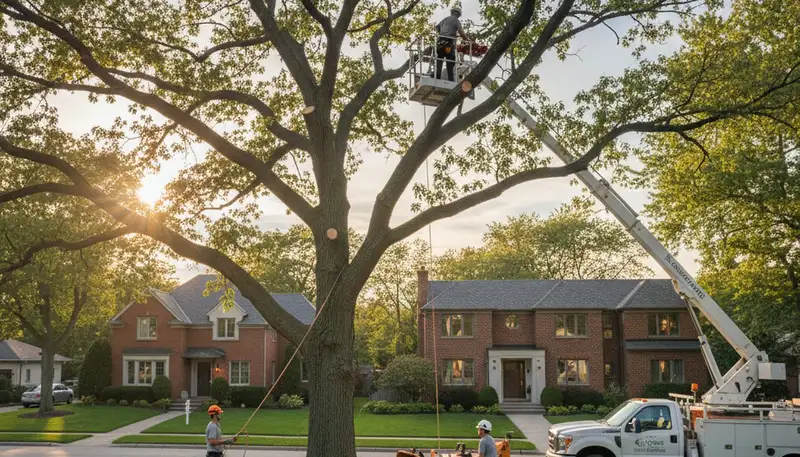 Professional tree removal service in Highland Park IL safely clearing large oak tree