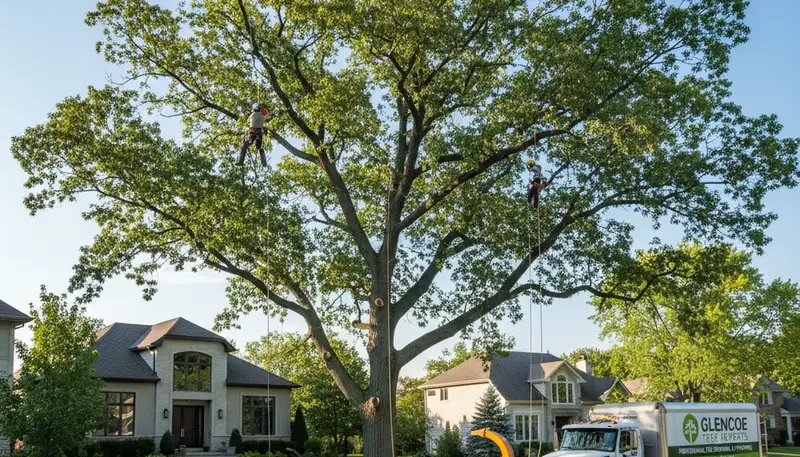 Professional tree removal service in Highland Park IL safely cutting and clearing large oak tree