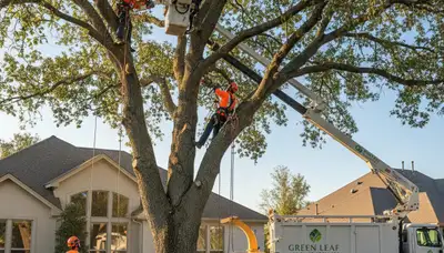 Arborist trimming oak tree branches in Highland Park IL for professional tree care service