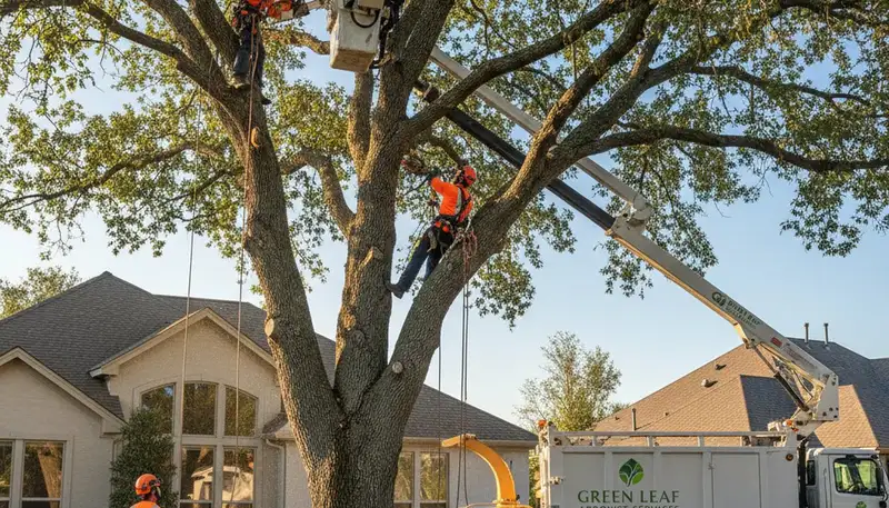 Arborist trimming oak tree branches in Highland Park IL for professional tree care service