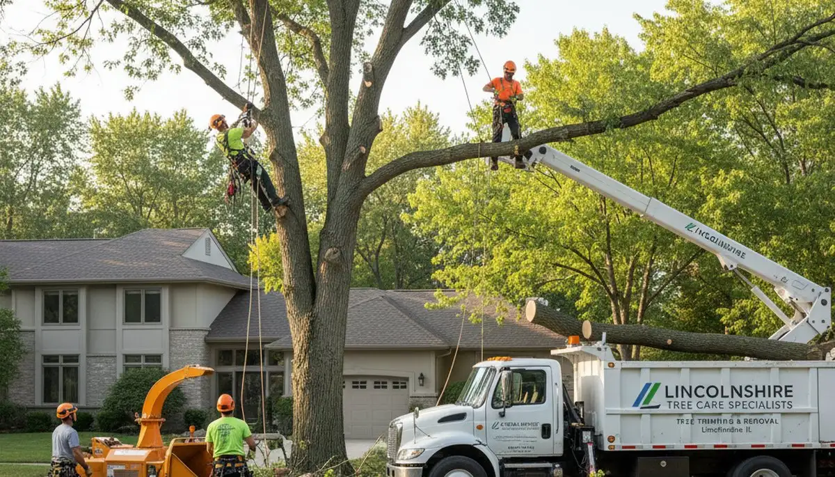 Professional tree removal service in Highland Park, IL safely clearing large tree from residential yard