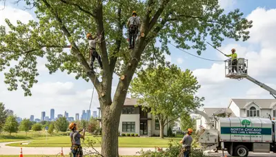 Professional tree removal service in Highland Park IL safely cutting large oak tree