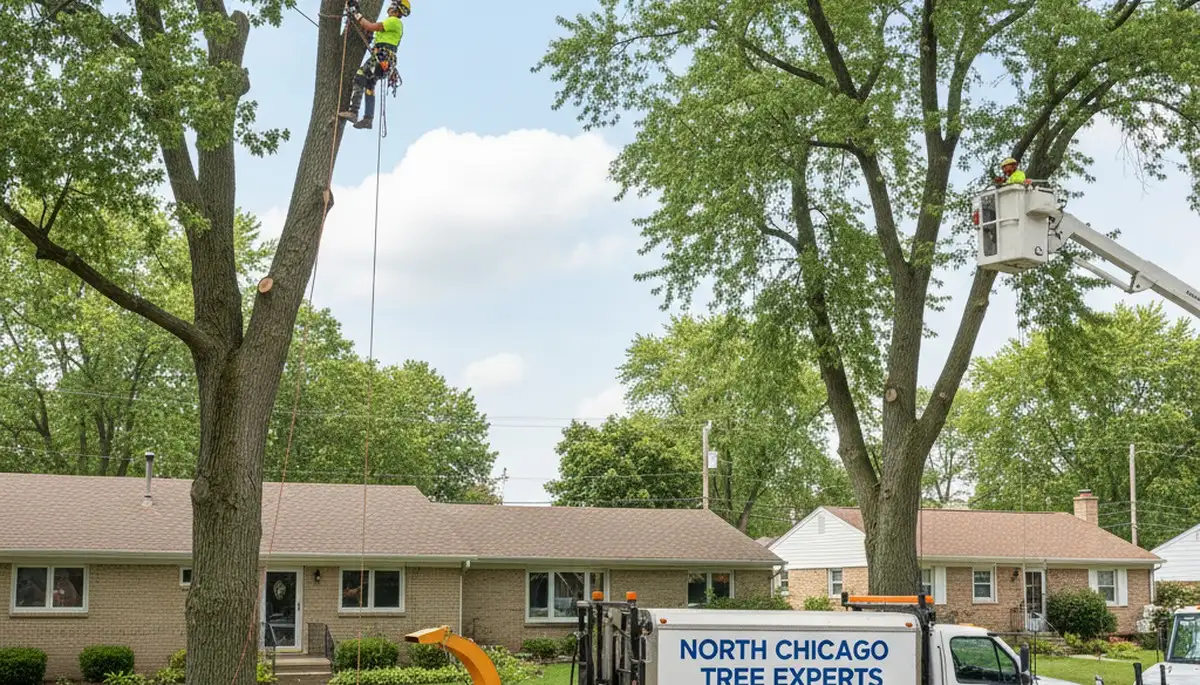 Professional tree removal service in Highland Park IL safely cutting and clearing large oak tree