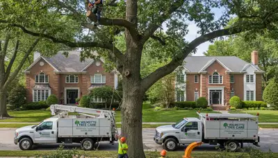 Professional tree removal service truck in Highland Park, IL clearing large oak tree safely